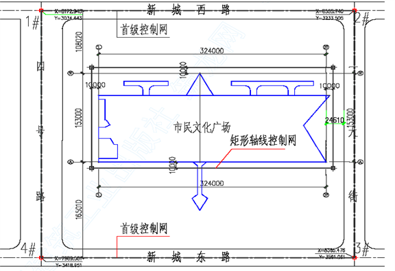 网 首级控制网布设完成后,建立建筑物平面矩形控制网(如下图2)