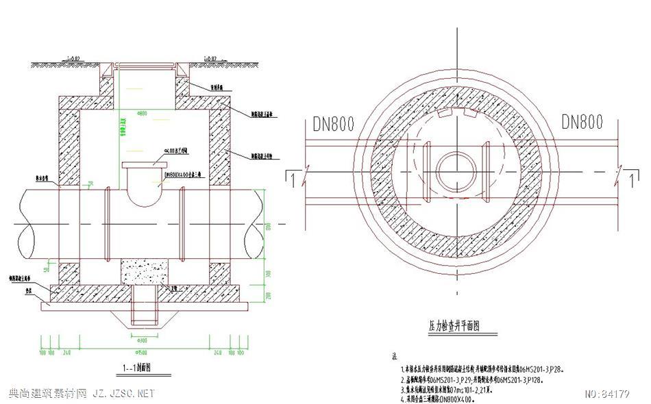 污水压力管道检查井cad图纸