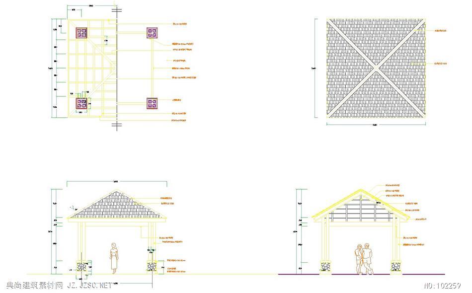 木结构四方亭施工图cad图纸 未归类亭子cad图纸