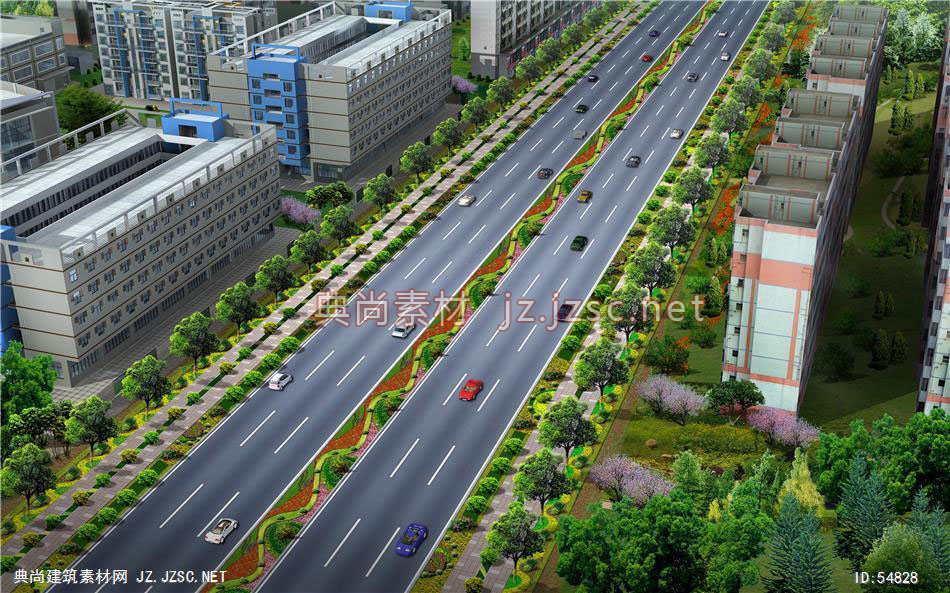2双向六车道景观道路景观效果图 鸟瞰psd
